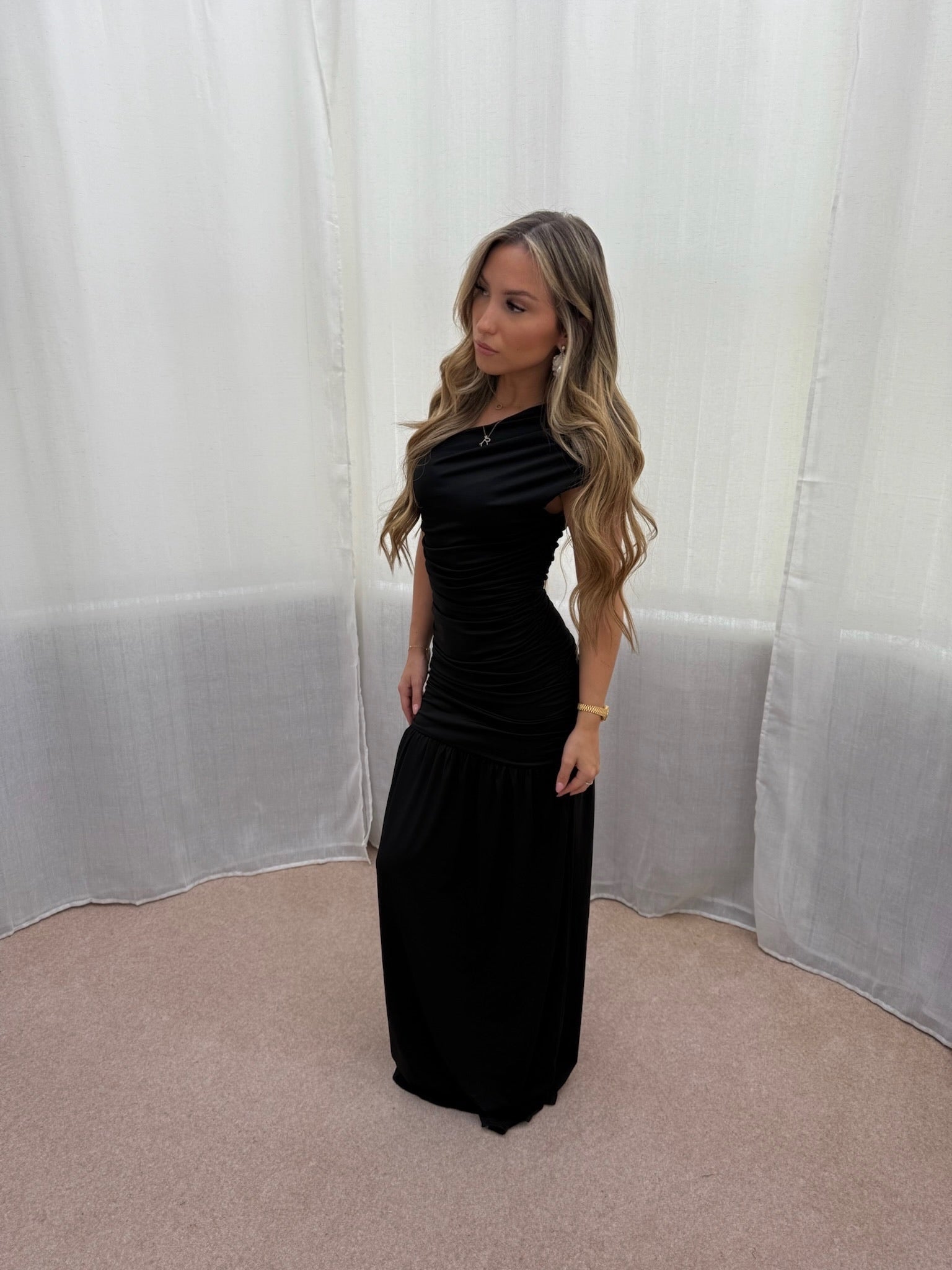 Emilia" One Shoulder Ruched Maxi Dress - Black JewelTrends Emilia" One Shoulder Ruched Maxi Dress - Black JewelTrends