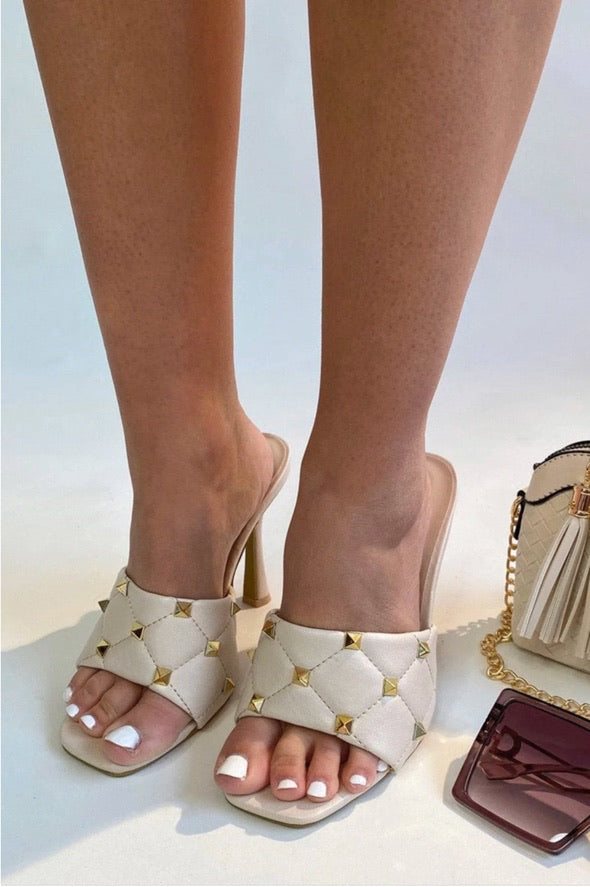 "Golden Girl" Cream Gold Studded Mule Heels