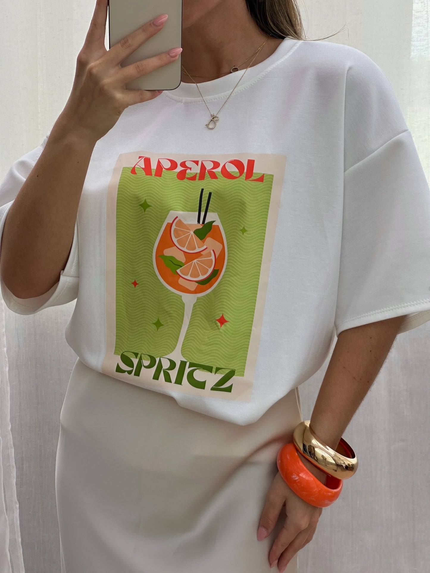 "Aperol" Cocktail Printed Oversized Boxy Tee - White