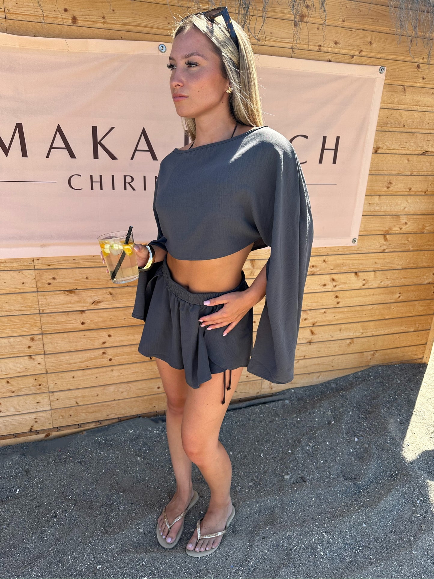 "Layla" Linen Drape Cape Top and Shorts In Grey