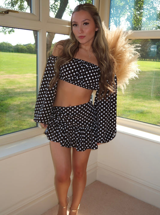 “Iris” Tie Waist Off The Shoulder Co-ord In Polka Dot