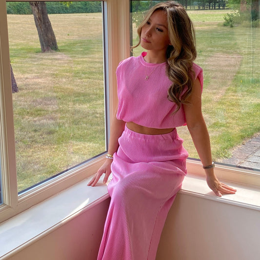 “Isabella” Plisse Maxi Skirt Co-ord In Pink